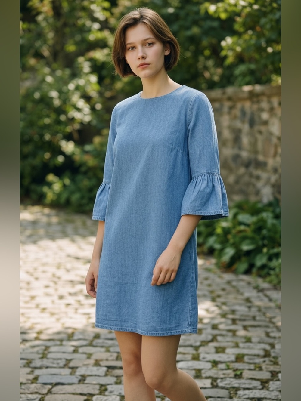Zara Woman Chambray bell sleeve dress Sz XS